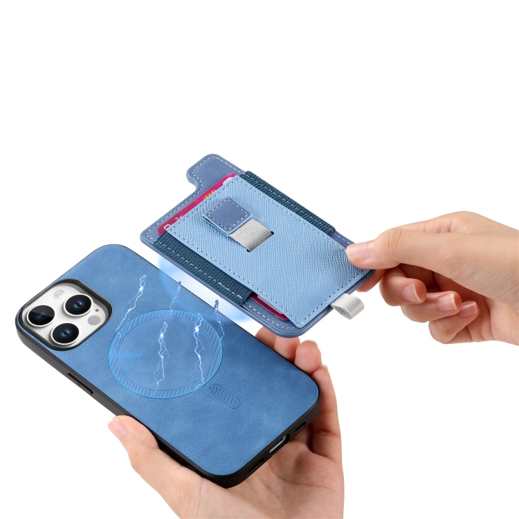 For iPhone 16 Retro Magsafe Cross Leather Pull-Out Card Bag Back Phone Case(Blue) For iPhone 16 Retro Magsafe Cross Leather Pull-Out Card Bag Back Phone Case(Blue)