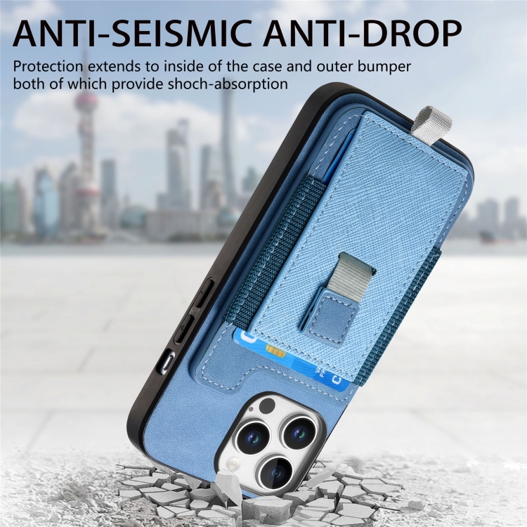 For iPhone 16 Retro Magsafe Cross Leather Pull-Out Card Bag Back Phone Case(Blue) For iPhone 16 Retro Magsafe Cross Leather Pull-Out Card Bag Back Phone Case(Blue)