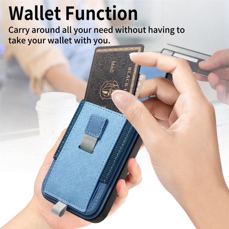 For iPhone 16 Retro Magsafe Cross Leather Pull-Out Card Bag Back Phone Case(Blue) For iPhone 16 Retro Magsafe Cross Leather Pull-Out Card Bag Back Phone Case(Blue)