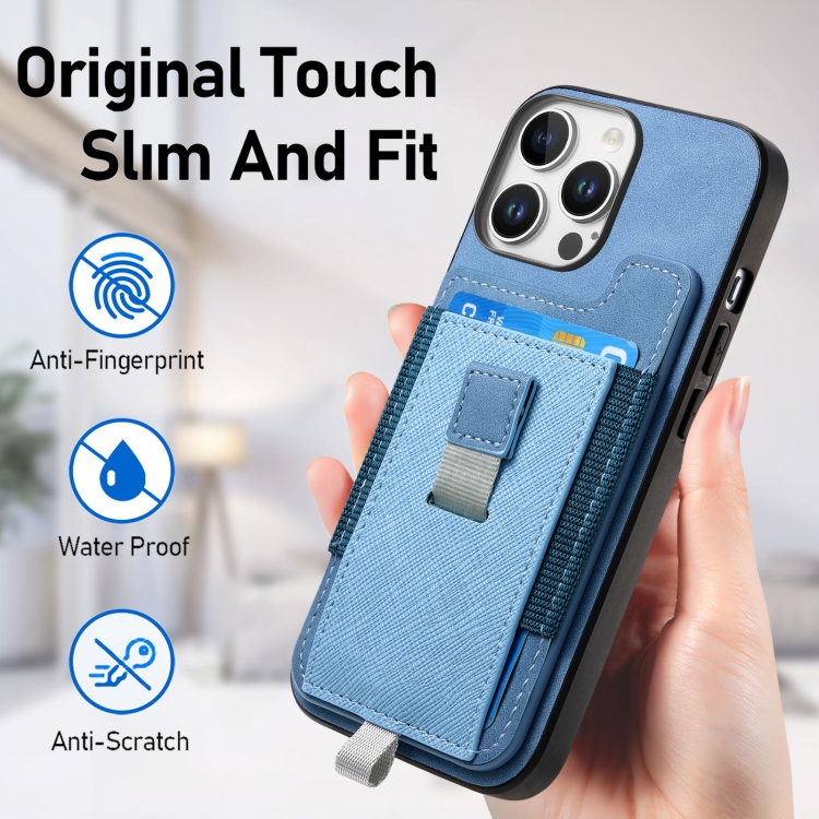 For iPhone 16 Retro Magsafe Cross Leather Pull-Out Card Bag Back Phone Case(Blue) For iPhone 16 Retro Magsafe Cross Leather Pull-Out Card Bag Back Phone Case(Blue)