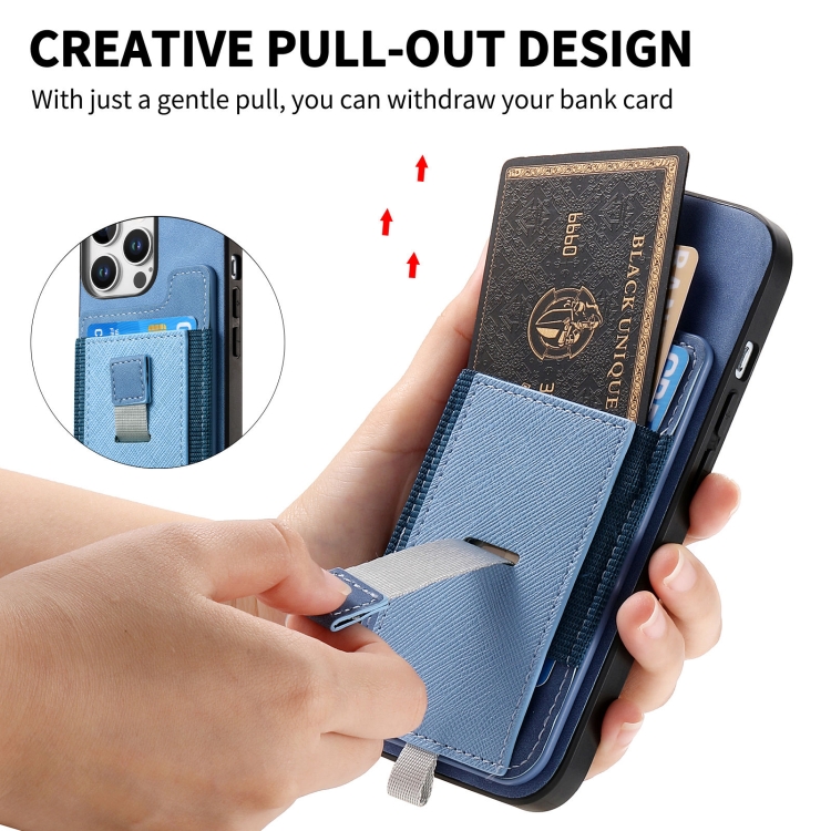 For iPhone 16 Retro Magsafe Cross Leather Pull-Out Card Bag Back Phone Case(Blue) For iPhone 16 Retro Magsafe Cross Leather Pull-Out Card Bag Back Phone Case(Blue)