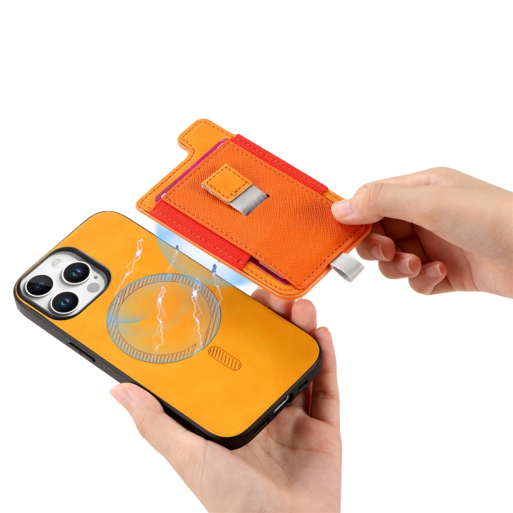 For iPhone 7 / 8 / SE 2022 Retro Magsafe Cross Leather Pull-Out Card Bag Back Phone Case(Yellow) For iPhone 7 / 8 / SE 2022 Retro Magsafe Cross Leather Pull-Out Card Bag Back Phone Case(Yellow)