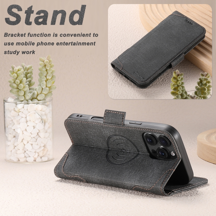 For iPhone 16 Pro Max Suteni J07 Multi-functional Horizontal MagSafe Denim Leather Phone Case(Black)