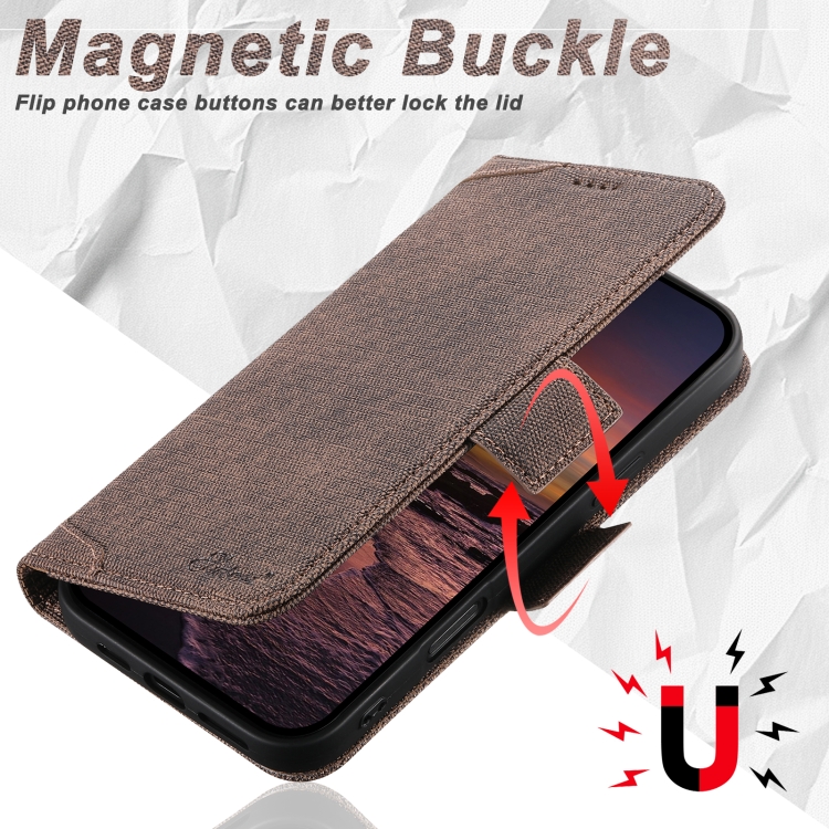 For iPhone 14 Suteni J07 Multi-functional Horizontal MagSafe Denim Leather Phone Case(Brown) For iPhone 14 Suteni J07 Multi-functional Horizontal MagSafe Denim Leather Phone Case(Brown)