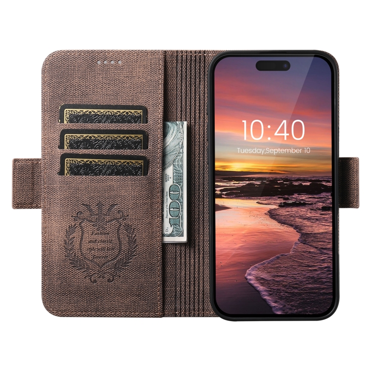 For iPhone 14 Suteni J07 Multi-functional Horizontal MagSafe Denim Leather Phone Case(Brown) For iPhone 14 Suteni J07 Multi-functional Horizontal MagSafe Denim Leather Phone Case(Brown)