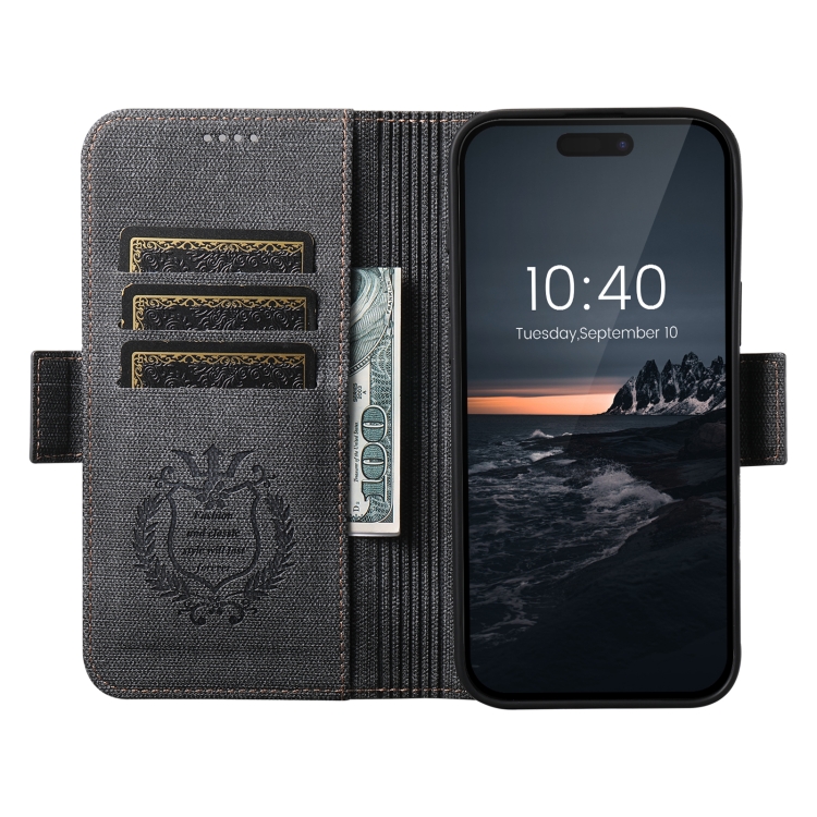 For iPhone 12 Suteni J07 Multi-functional Horizontal MagSafe Denim Leather Phone Case(Black) For iPhone 12 Suteni J07 Multi-functional Horizontal MagSafe Denim Leather Phone Case(Black)