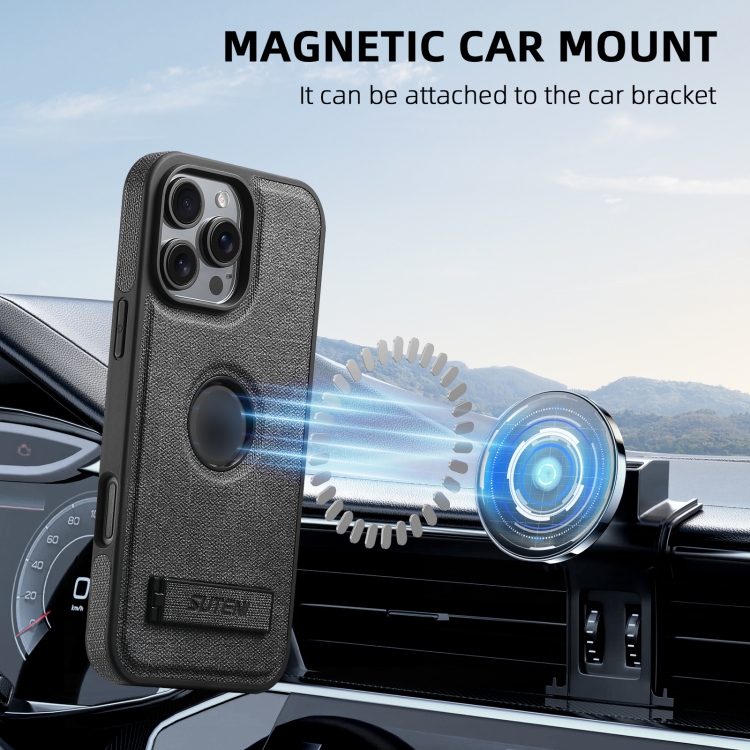 For iPhone 16 Pro Suteni G2 Holder Denim Leather Back MagSafe Phone Case(Black) For iPhone 16 Pro Suteni G2 Holder Denim Leather Back MagSafe Phone Case(Black)