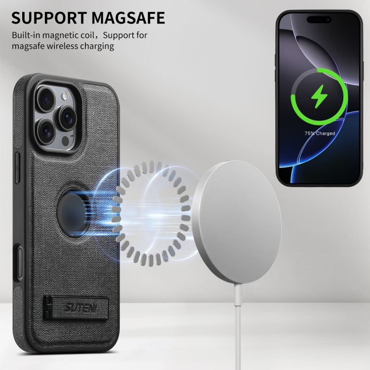 For iPhone 16 Pro Suteni G2 Holder Denim Leather Back MagSafe Phone Case(Black) For iPhone 16 Pro Suteni G2 Holder Denim Leather Back MagSafe Phone Case(Black)