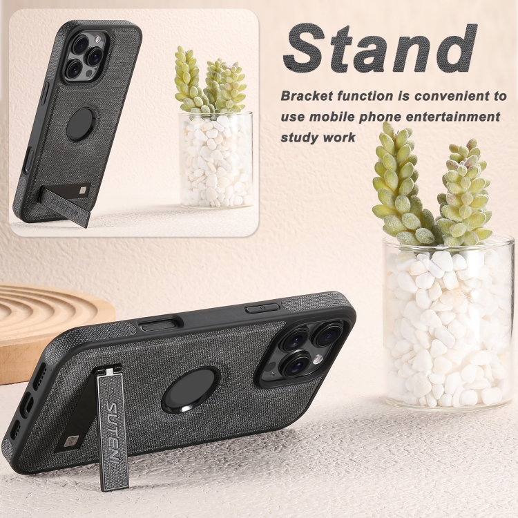 For iPhone 16 Pro Suteni G2 Holder Denim Leather Back MagSafe Phone Case(Black) For iPhone 16 Pro Suteni G2 Holder Denim Leather Back MagSafe Phone Case(Black)
