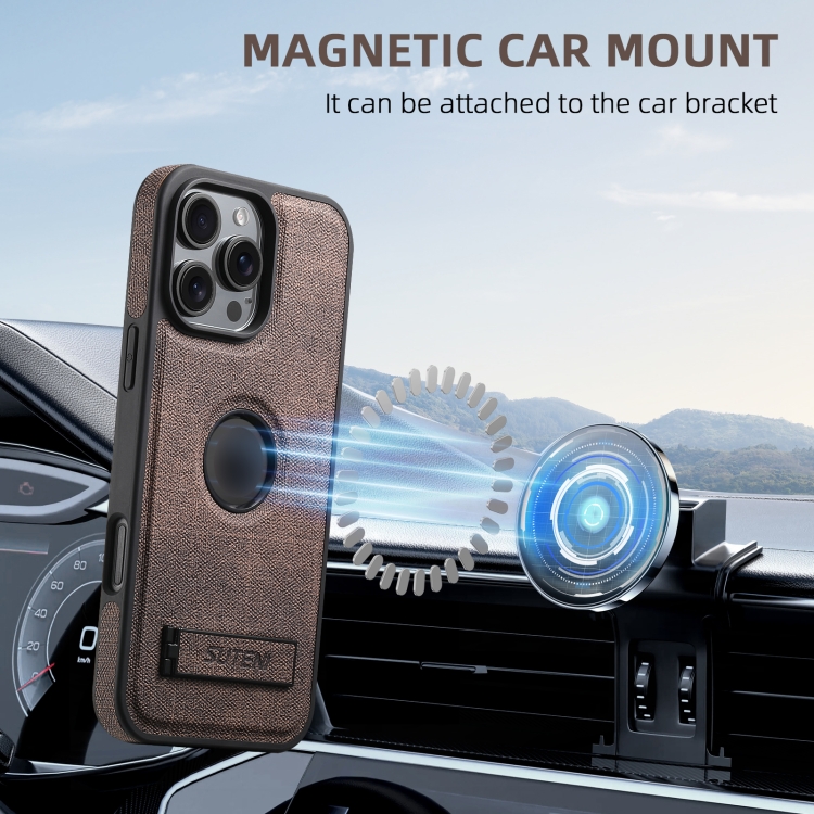 For iPhone 12 Suteni G2 Holder Denim Leather Back MagSafe Phone Case(Brown) For iPhone 12 Suteni G2 Holder Denim Leather Back MagSafe Phone Case(Brown)