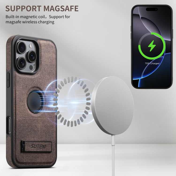 For iPhone 12 Suteni G2 Holder Denim Leather Back MagSafe Phone Case(Brown) For iPhone 12 Suteni G2 Holder Denim Leather Back MagSafe Phone Case(Brown)