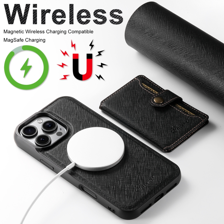 For iPhone 16 Pro Suteni H20 Cross-Grain MagSafe Horizontal Card Bag Back Phone Case(Black) For iPhone 16 Pro Suteni H20 Cross-Grain MagSafe Horizontal Card Bag Back Phone Case(Black)