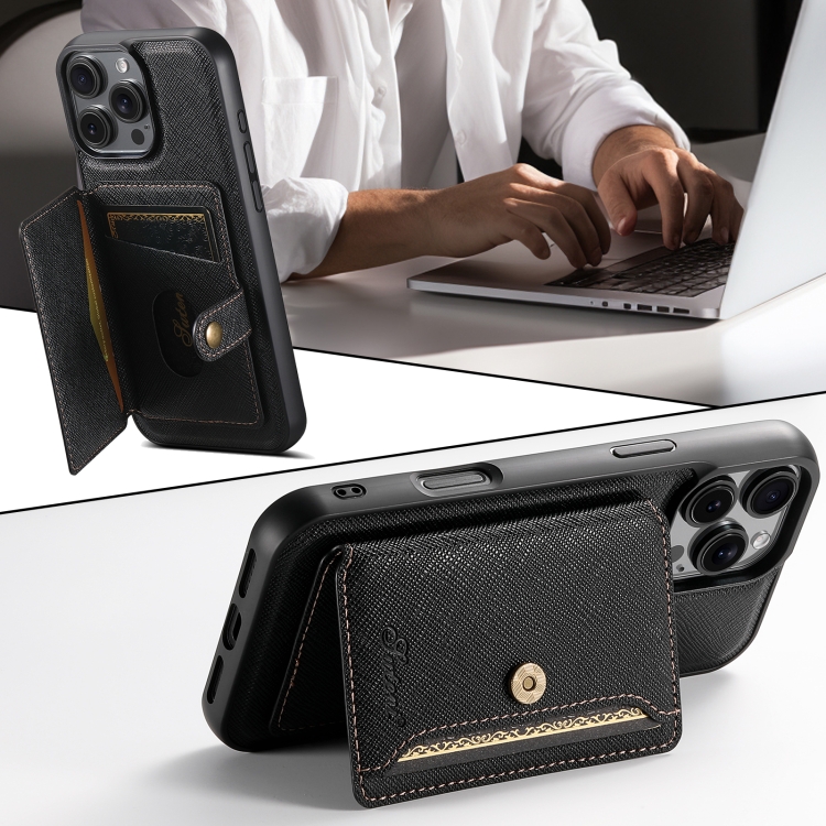 For iPhone 16 Pro Suteni H20 Cross-Grain MagSafe Horizontal Card Bag Back Phone Case(Black) For iPhone 16 Pro Suteni H20 Cross-Grain MagSafe Horizontal Card Bag Back Phone Case(Black)