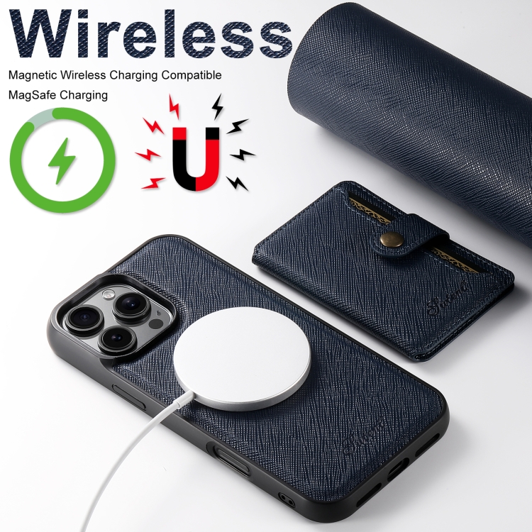 For iPhone 16 Suteni H20 Cross-Grain MagSafe Horizontal Card Bag Back Phone Case(Blue) For iPhone 16 Suteni H20 Cross-Grain MagSafe Horizontal Card Bag Back Phone Case(Blue)
