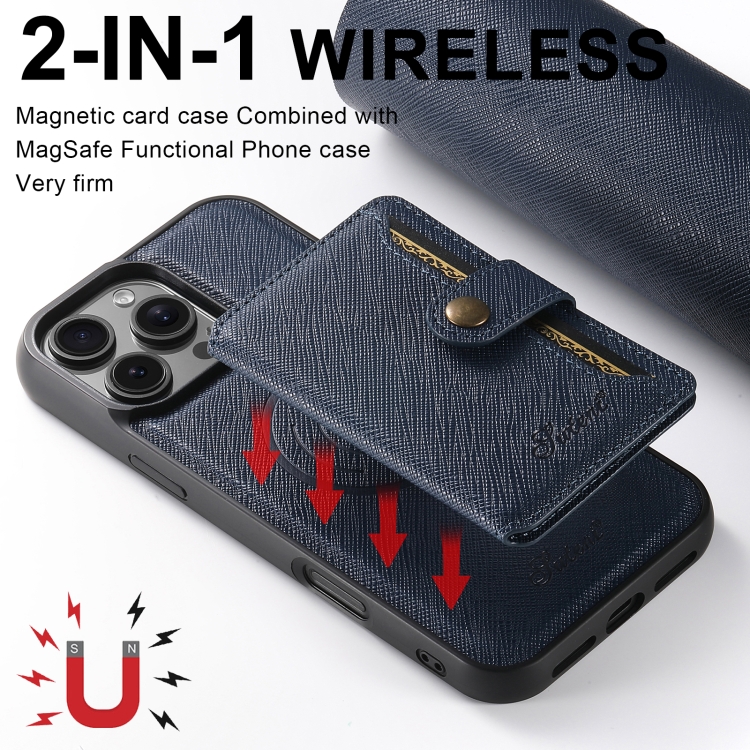 For iPhone 16 Suteni H20 Cross-Grain MagSafe Horizontal Card Bag Back Phone Case(Blue) For iPhone 16 Suteni H20 Cross-Grain MagSafe Horizontal Card Bag Back Phone Case(Blue)