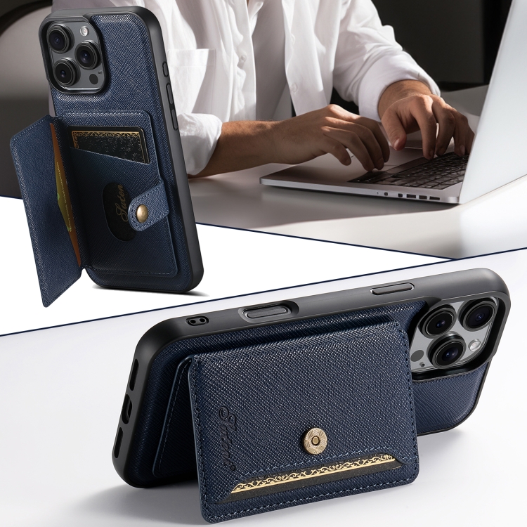 For iPhone 16 Suteni H20 Cross-Grain MagSafe Horizontal Card Bag Back Phone Case(Blue) For iPhone 16 Suteni H20 Cross-Grain MagSafe Horizontal Card Bag Back Phone Case(Blue)