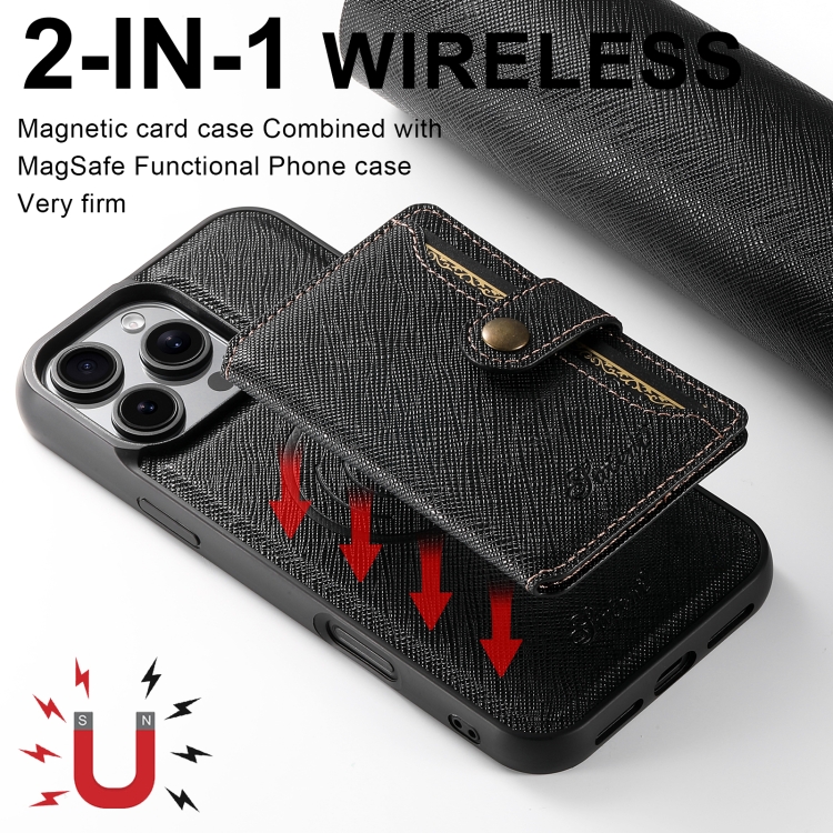 For iPhone 13 Pro Suteni H20 Cross-Grain MagSafe Horizontal Card Bag Back Phone Case(Black)