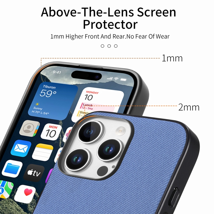 For iPhone 15 Twill Fabric Leather Skin Back Phone Case(Blue) For iPhone 15 Twill Fabric Leather Skin Back Phone Case(Blue)