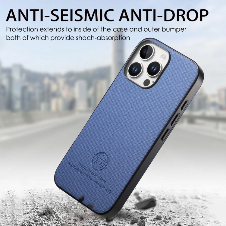 For iPhone 15 Twill Fabric Leather Skin Back Phone Case(Blue) For iPhone 15 Twill Fabric Leather Skin Back Phone Case(Blue)