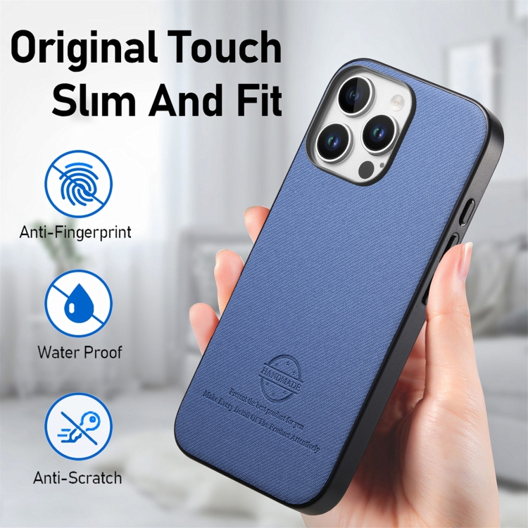 For iPhone 15 Twill Fabric Leather Skin Back Phone Case(Blue) For iPhone 15 Twill Fabric Leather Skin Back Phone Case(Blue)