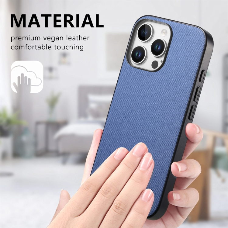 For iPhone 15 Twill Fabric Leather Skin Back Phone Case(Blue) For iPhone 15 Twill Fabric Leather Skin Back Phone Case(Blue)
