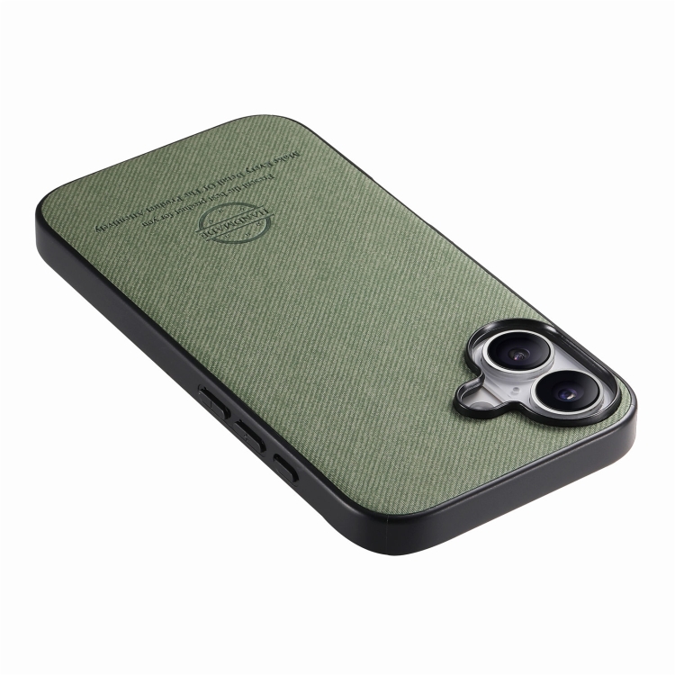For iPhone 16 Twill Fabric Leather Skin Back Phone Case(Green) For iPhone 16 Twill Fabric Leather Skin Back Phone Case(Green)