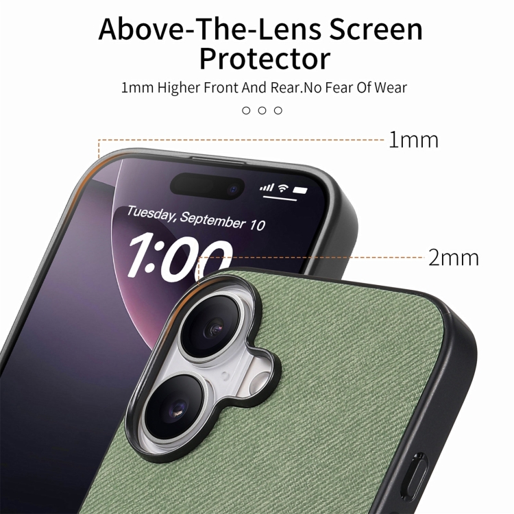 For iPhone 16 Twill Fabric Leather Skin Back Phone Case(Green) For iPhone 16 Twill Fabric Leather Skin Back Phone Case(Green)