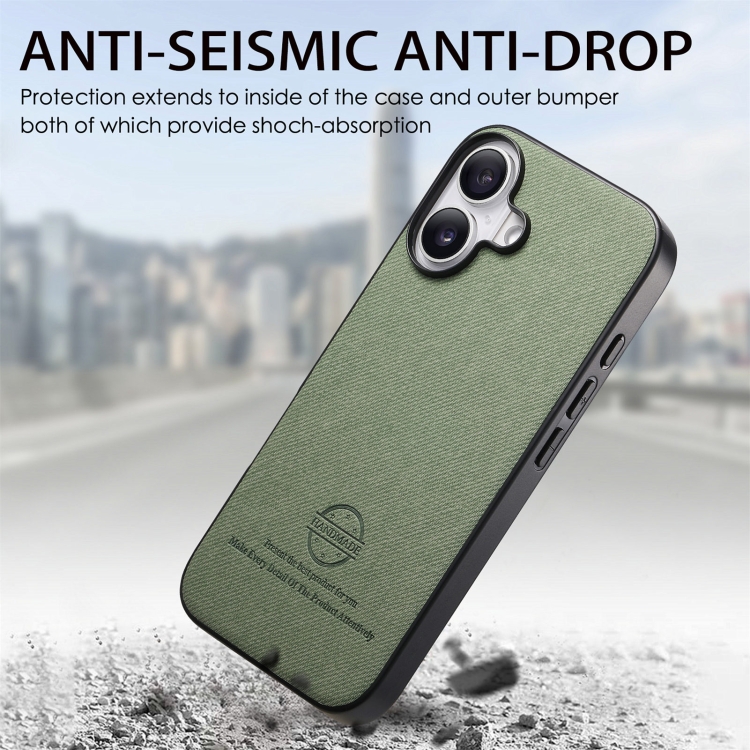 For iPhone 16 Twill Fabric Leather Skin Back Phone Case(Green) For iPhone 16 Twill Fabric Leather Skin Back Phone Case(Green)