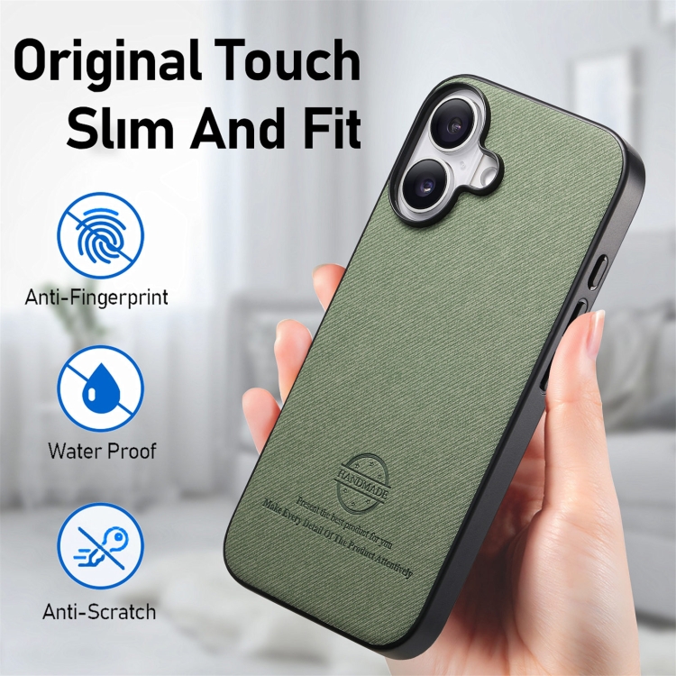 For iPhone 16 Twill Fabric Leather Skin Back Phone Case(Green) For iPhone 16 Twill Fabric Leather Skin Back Phone Case(Green)