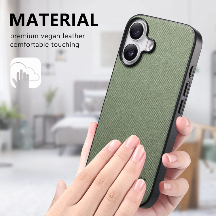 For iPhone 16 Twill Fabric Leather Skin Back Phone Case(Green) For iPhone 16 Twill Fabric Leather Skin Back Phone Case(Green)
