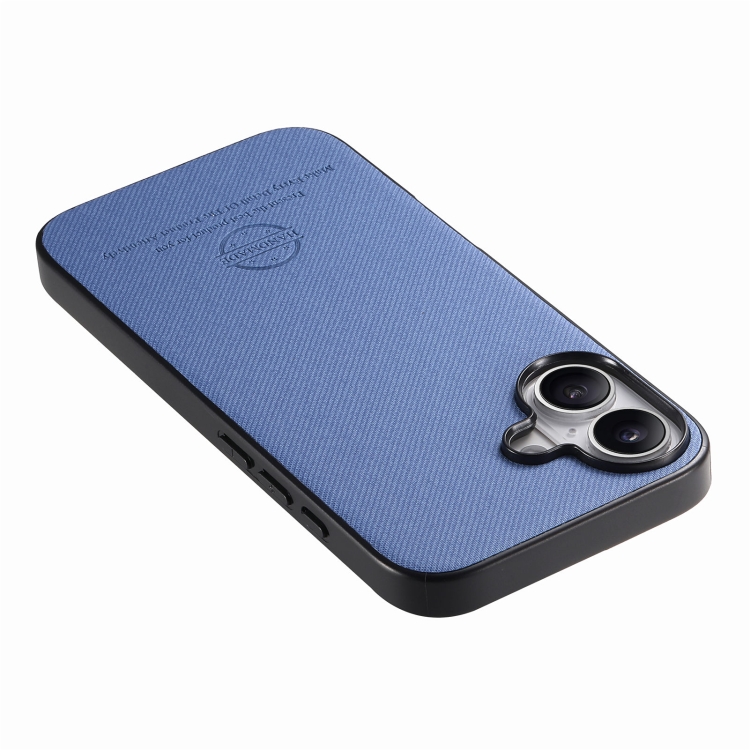 For iPhone 16 Plus Twill Fabric Leather Skin Back Phone Case(Blue) For iPhone 16 Plus Twill Fabric Leather Skin Back Phone Case(Blue)