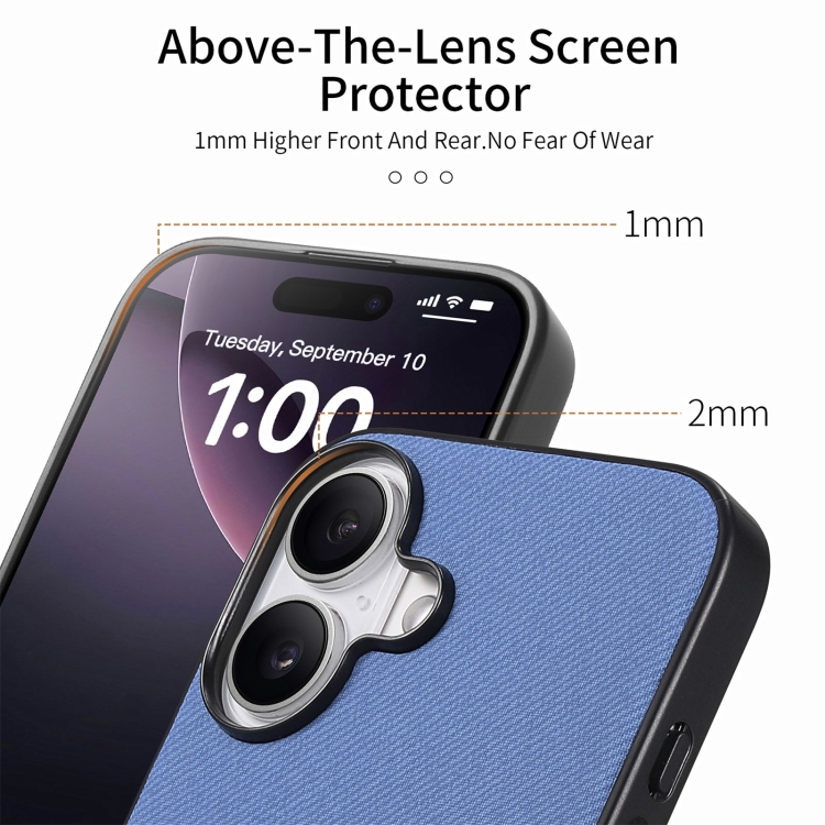 For iPhone 16 Plus Twill Fabric Leather Skin Back Phone Case(Blue) For iPhone 16 Plus Twill Fabric Leather Skin Back Phone Case(Blue)