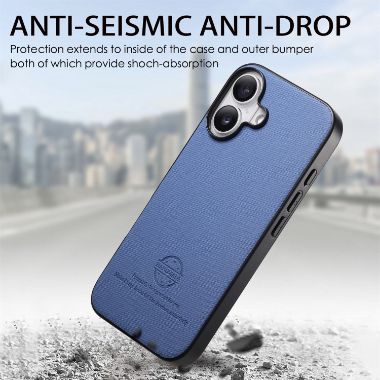 For iPhone 16 Plus Twill Fabric Leather Skin Back Phone Case(Blue) For iPhone 16 Plus Twill Fabric Leather Skin Back Phone Case(Blue)