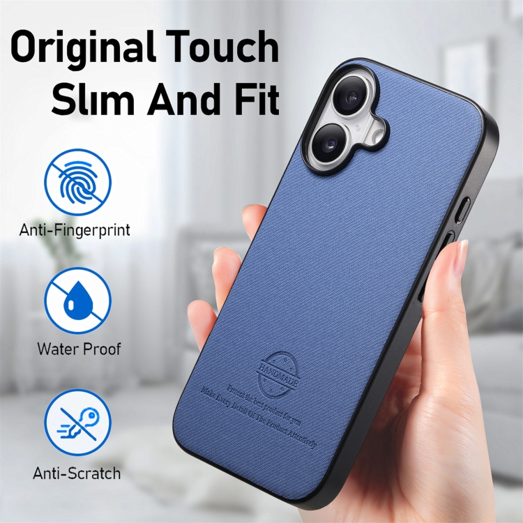 For iPhone 16 Plus Twill Fabric Leather Skin Back Phone Case(Blue) For iPhone 16 Plus Twill Fabric Leather Skin Back Phone Case(Blue)