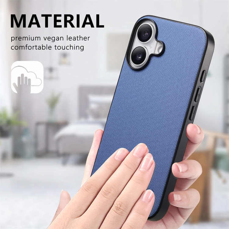 For iPhone 16 Plus Twill Fabric Leather Skin Back Phone Case(Blue) For iPhone 16 Plus Twill Fabric Leather Skin Back Phone Case(Blue)