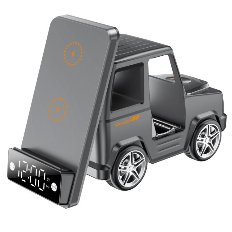 G63 Bluetooth Speaker Clock Atmosphere Light 6-in-1 Car Shape 15W Desktop Wireless Charger(Grey)