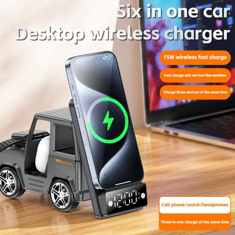G63 Bluetooth Speaker Clock Atmosphere Light 6-in-1 Car Shape 15W Desktop Wireless Charger(Grey)