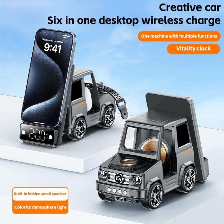 G63 Bluetooth Speaker Clock Atmosphere Light 6-in-1 Car Shape 15W Desktop Wireless Charger(Grey)