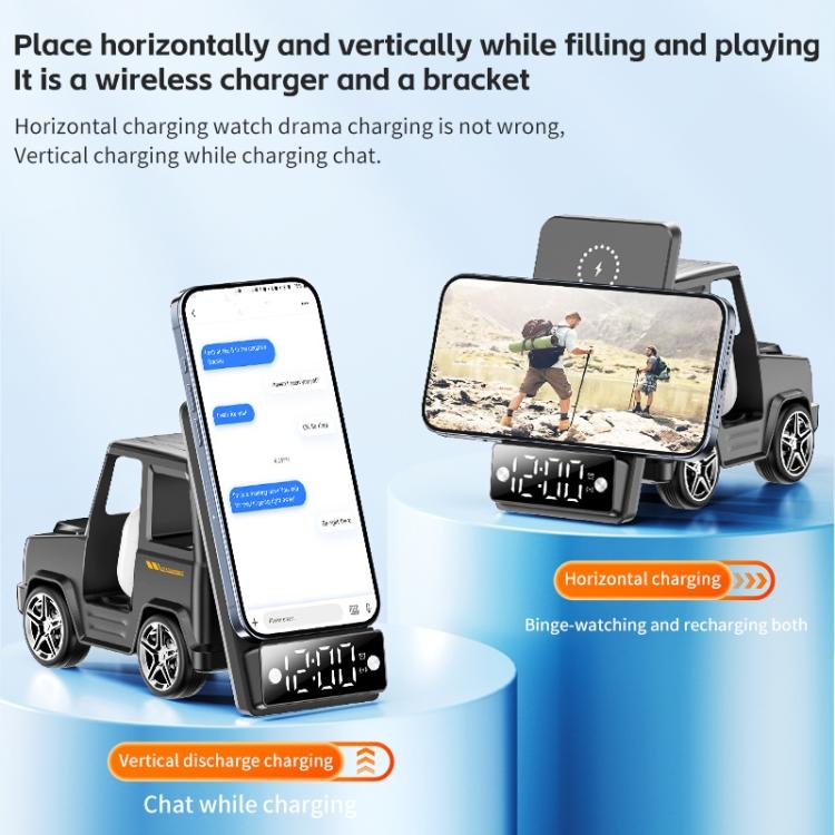 G63 Bluetooth Speaker Clock Atmosphere Light 6-in-1 Car Shape 15W Desktop Wireless Charger(Grey)