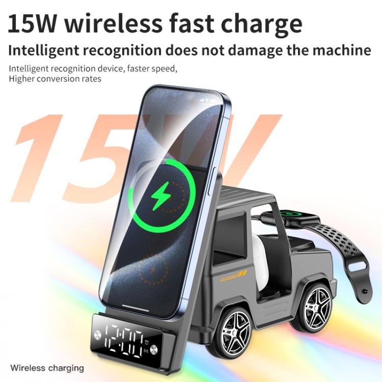 G63 Bluetooth Speaker Clock Atmosphere Light 6-in-1 Car Shape 15W Desktop Wireless Charger(Grey)