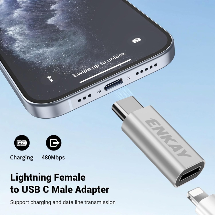 ENKAY ENK-AT120 Aluminium Alloy 8 Pin to Type-C Data Transfer & Charging Adapter(Black)