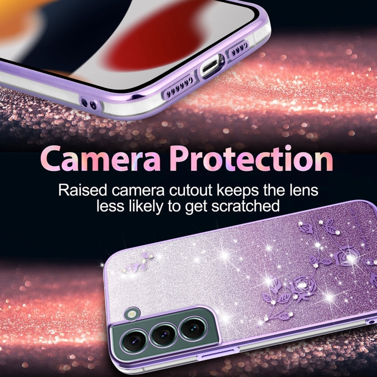 ForSamsung Galaxy S22+ 5G Gradient Glitter Flower All-inclusive Phone Case(Purple) ForSamsung Galaxy S22+ 5G Gradient Glitter Flower All-inclusive Phone Case(Purple)