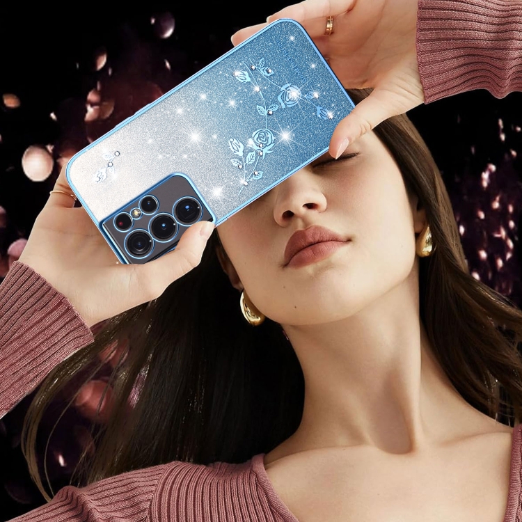 For Samsung Galaxy S21 Ultra 5G Gradient Glitter Flower All-inclusive Phone Case(Blue)