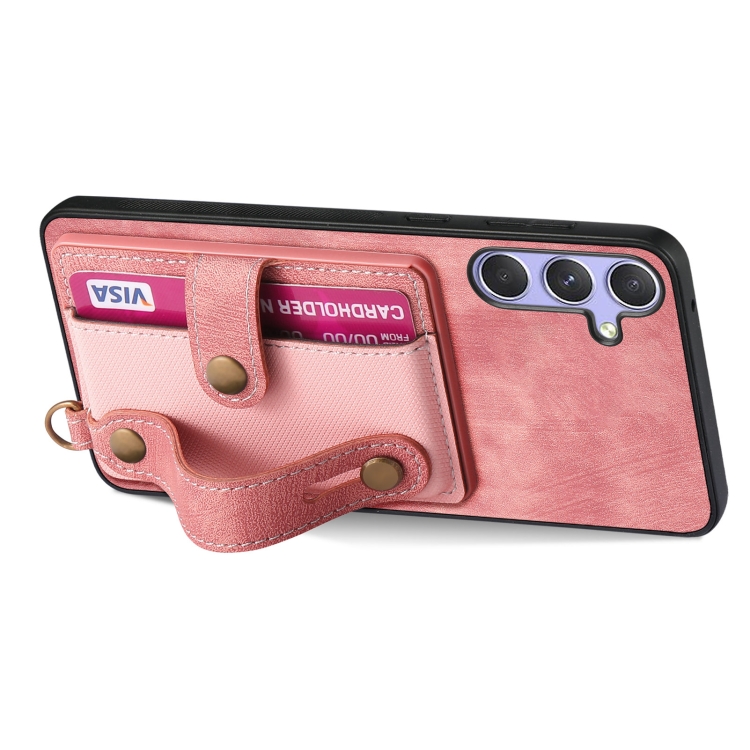 For Samsung Galaxy S25+ 5G Retro Cross Wristband Wallet Leather Back Phone Case(Pink) For Samsung Galaxy S25+ 5G Retro Cross Wristband Wallet Leather Back Phone Case(Pink)