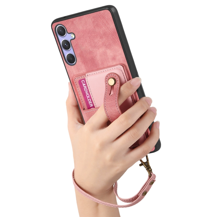 For Samsung Galaxy S25+ 5G Retro Cross Wristband Wallet Leather Back Phone Case(Pink) For Samsung Galaxy S25+ 5G Retro Cross Wristband Wallet Leather Back Phone Case(Pink)