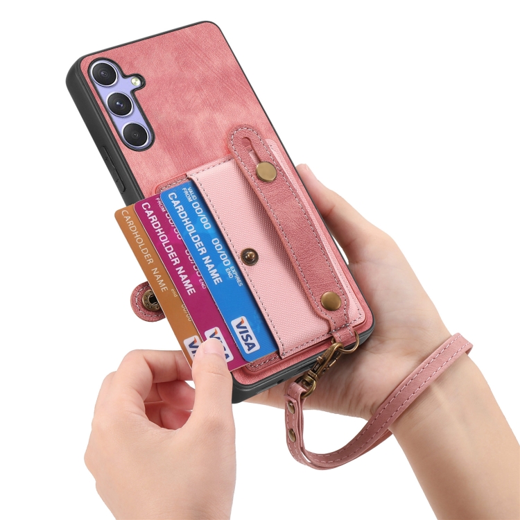 For Samsung Galaxy S25+ 5G Retro Cross Wristband Wallet Leather Back Phone Case(Pink) For Samsung Galaxy S25+ 5G Retro Cross Wristband Wallet Leather Back Phone Case(Pink)