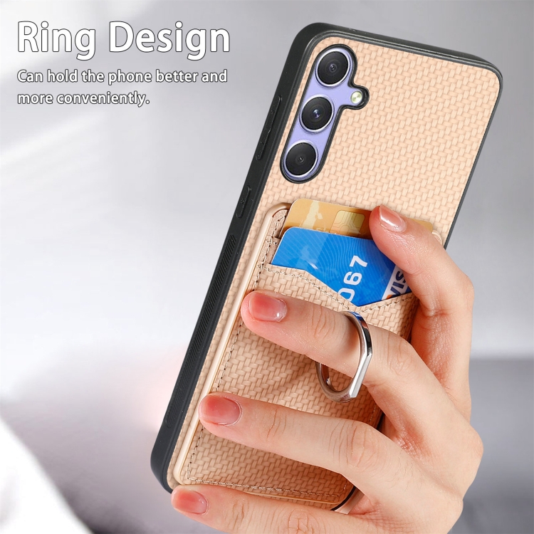 For Samsung Galaxy S25 Ultra 5G Carbon Fiber Card Wallet Ring Phone Case(Khaki) For Samsung Galaxy S25 Ultra 5G Carbon Fiber Card Wallet Ring Phone Case(Khaki)