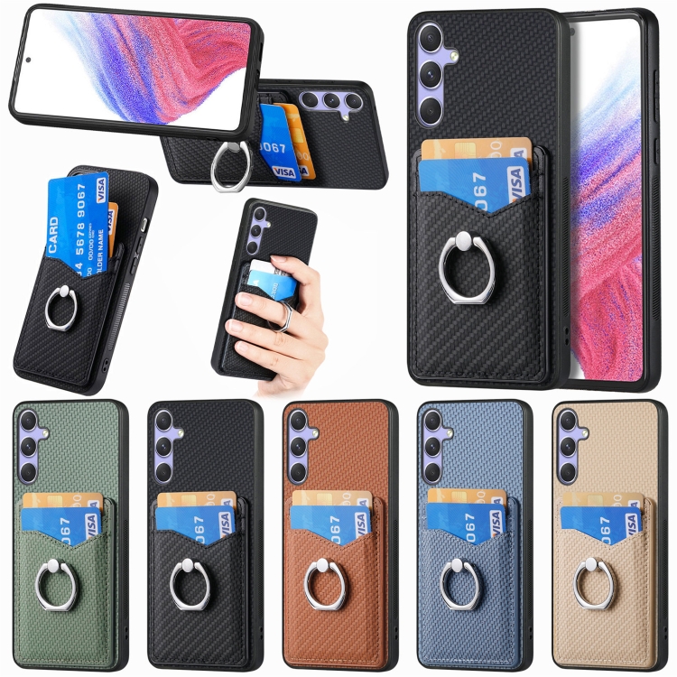 For Samsung Galaxy S25 Ultra 5G Carbon Fiber Card Wallet Ring Phone Case(Khaki) For Samsung Galaxy S25 Ultra 5G Carbon Fiber Card Wallet Ring Phone Case(Khaki)