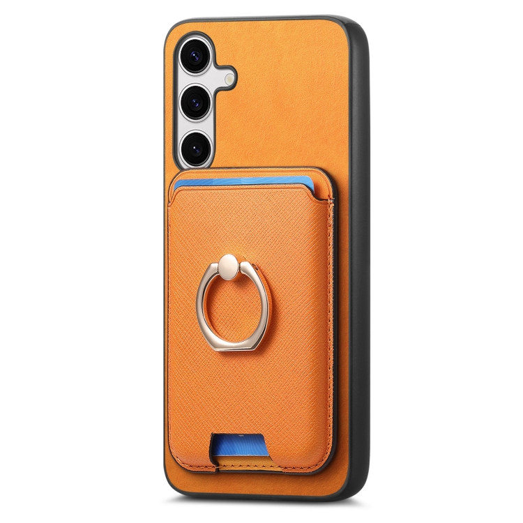 For Samsung Galaxy S25 5G Retro Cross Leather Ring Vertical Insert Card Bag MagSafe Phone Case(Yellow)