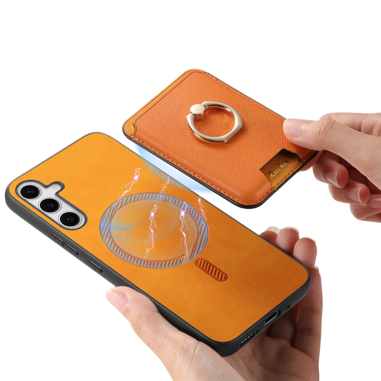 For Samsung Galaxy S25 5G Retro Cross Leather Ring Vertical Insert Card Bag MagSafe Phone Case(Yellow)